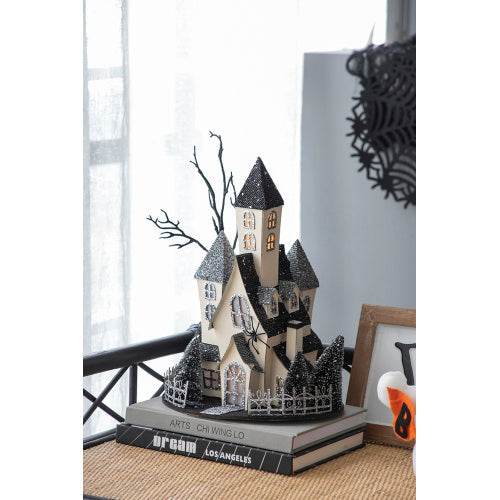 10x8.3x13.5 Cardboard Lighted Haunted House, Black Beige Tabletop Holiday Halloween Decor, Battery Powered - Velora