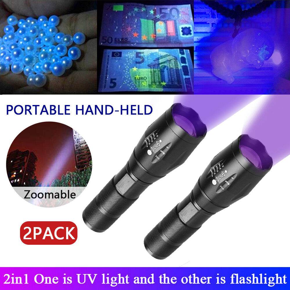 UV Torch Ultra Violet Flashlight Zoomable Blacklight Lamp LED Super Bright 250000lm 2 In 1 395nm Mini Pocket Inspection Light 2 Pack - Velora