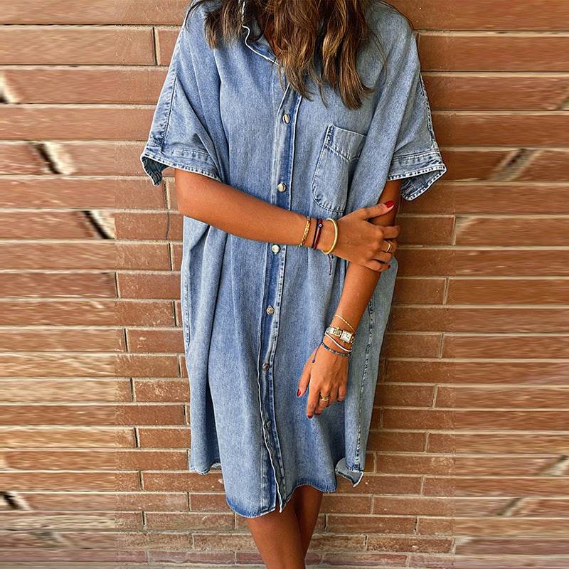 Women's Solid Color Single Row Multi-buckle loose Dress Short Sleeve Denim - Velora