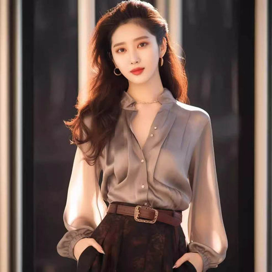 Chic And Beautiful Small Top Gray Blouse Shirt for Women - Velora