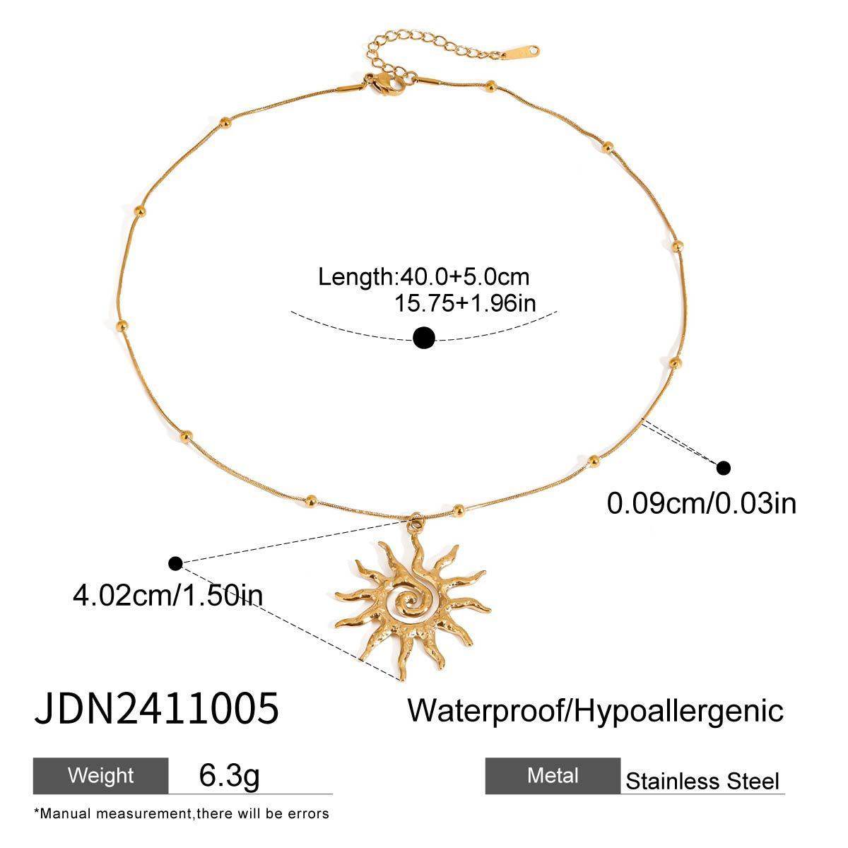 Stainless Steel Necklace - Hammered Spiral Sun Pendant Necklace - Velora