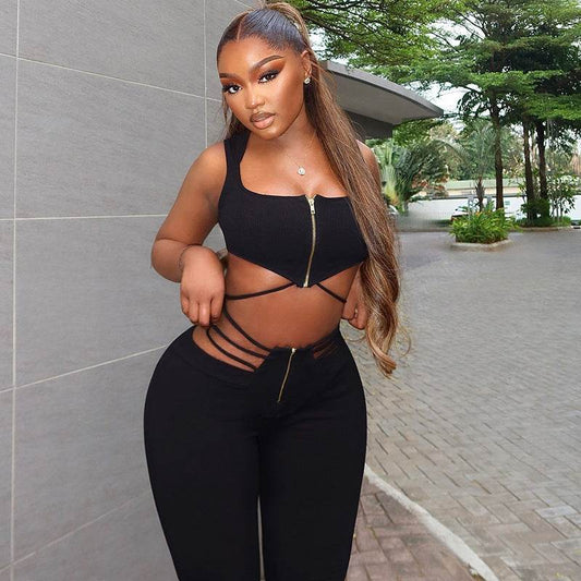 Women's Black Sleeveless Top High Waist Suit - Velora