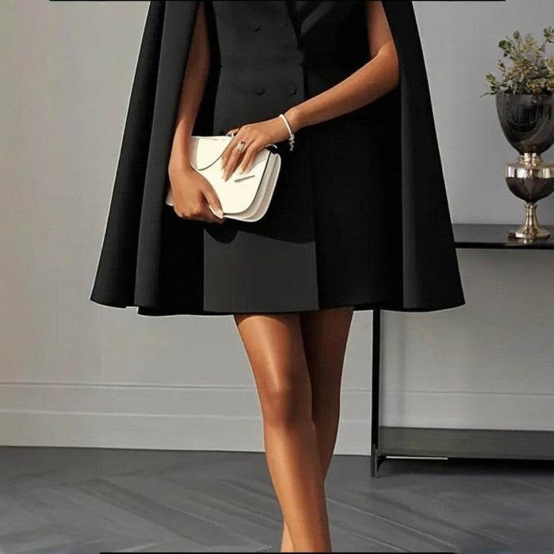 Formal V Neck Double-Breasted Mini Cape Sleeve Dress - Velora