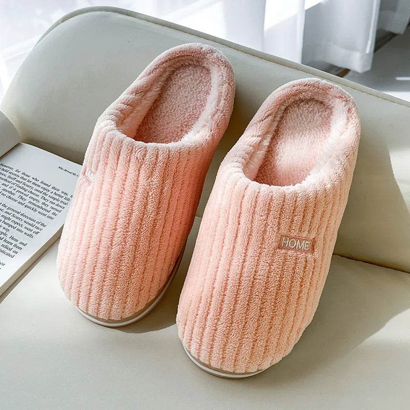 Solid Color Simple Cotton Slippers Winter Non-slip Home Warm Plush Slippers Household Indoor Couple Women's House Shoes - Velora