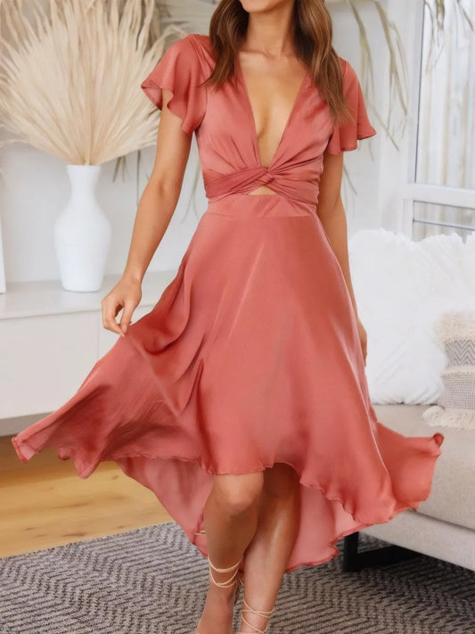 High-Low Plunge Flutter Sleeve Dress - Velora