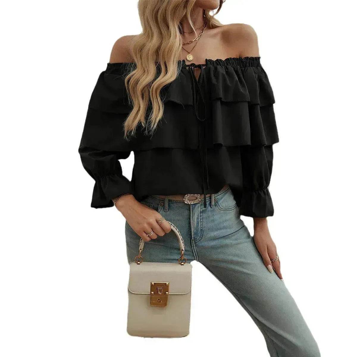 Stylish Casual Evening Top for Women Off-shoulder Bishop Long Sleeve Top - Velora