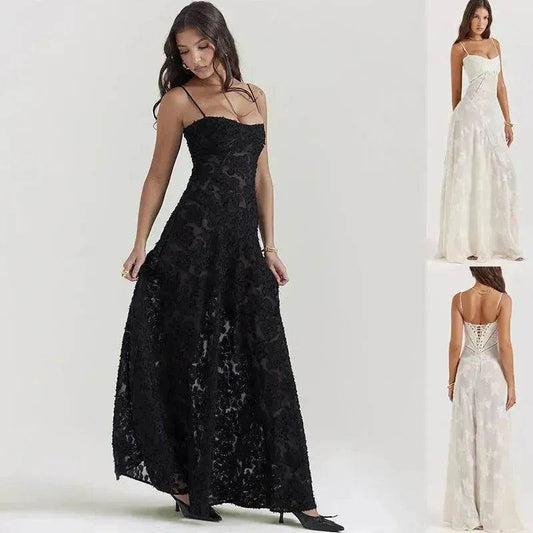 Fashion Suspender Lace Long Dress Summer Strapless Collar Elegant Evening Dresses For Women - Velora