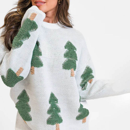 Women's Christmas Tree Long Sleeve Round Neck Sweater - Velora