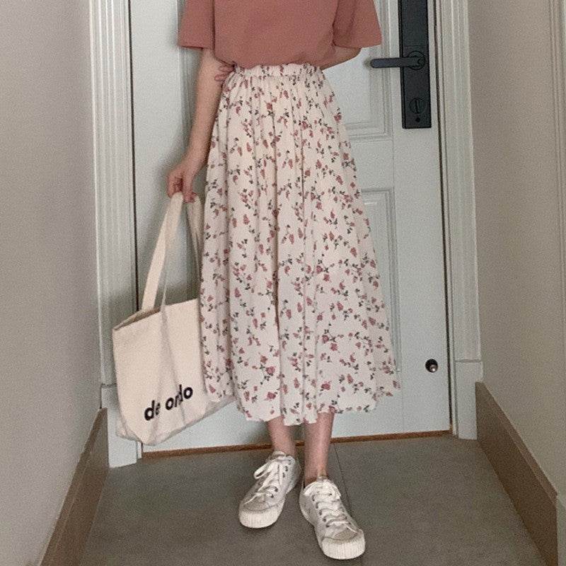 Casual Floral New Fresh High Waist Slimming Korean-style Midi A- Line Skirt - Velora
