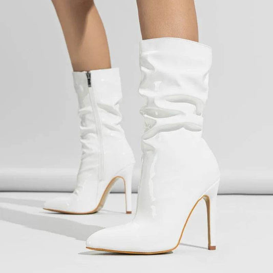 Patent Leather High Heel Pointed Stiletto Heel Pile Style Boots - Velora