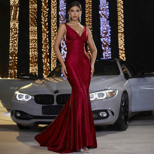 Deep V Strap Slim-fit Sheath Banquet Fishtail Evening Dress - Velora