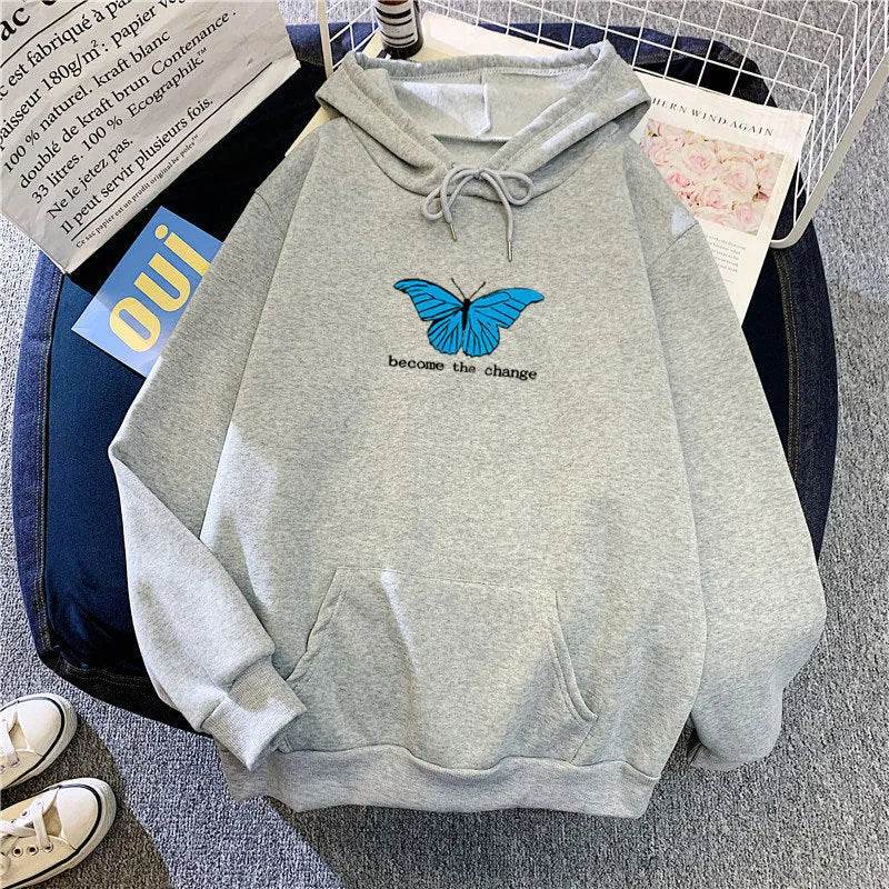 Women Single Butterfly Autumn And Winter Loose Hoodie Pullover sweatshirt - Velora