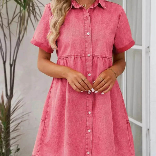 European And American Washed Denim Lapel Ruffled Denim Dress Jeans Flared dress Casual Denim mini dress - Velora