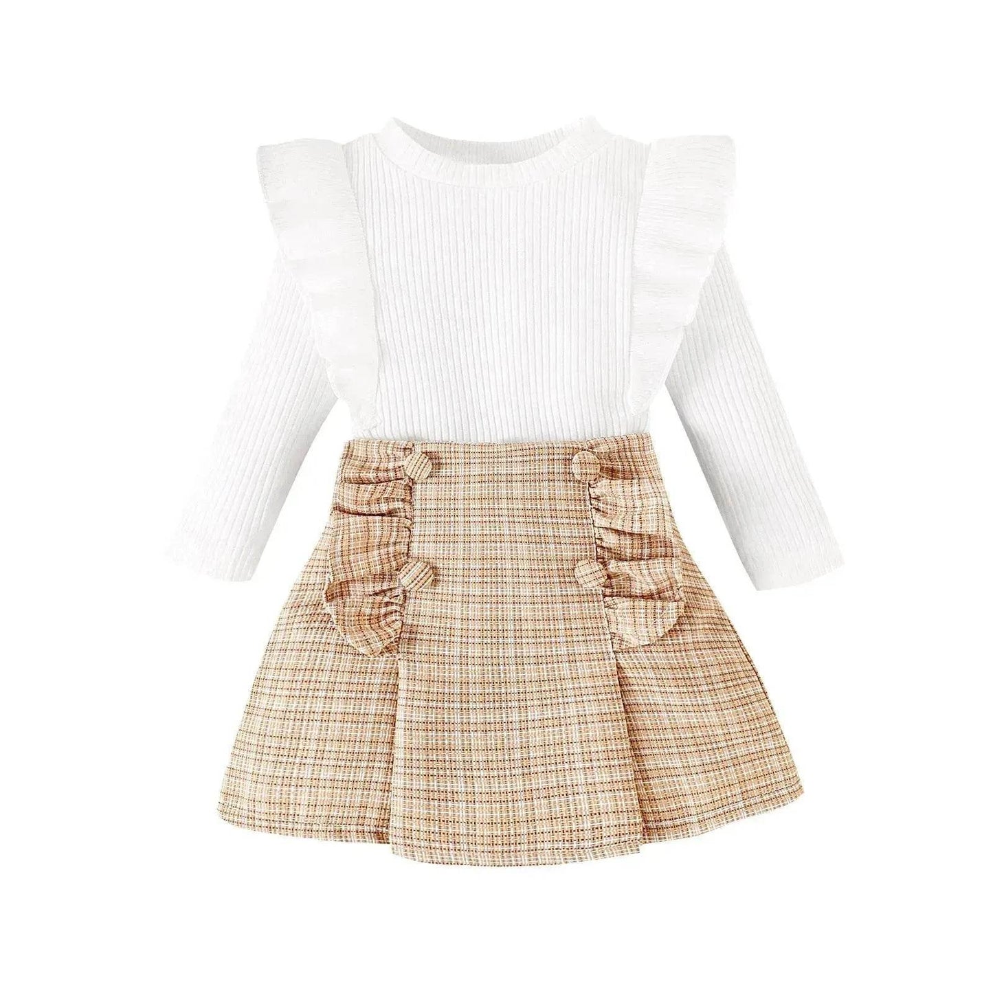 Newborn baby girl Cross-border Sunken Stripe Long Sleeve Classic Style Plaid Short Skirt Two-piece Set for baby girl - Velora