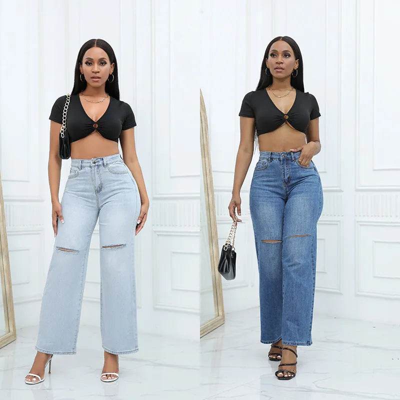 Elegant Ripped Wide-leg Baggy Jeans Pant Women - Velora