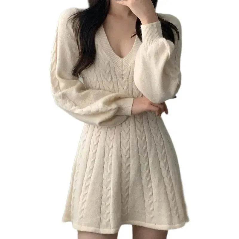 Fashionable Autumn Winter Mini Flared Knitted Sweater Dress - Velora