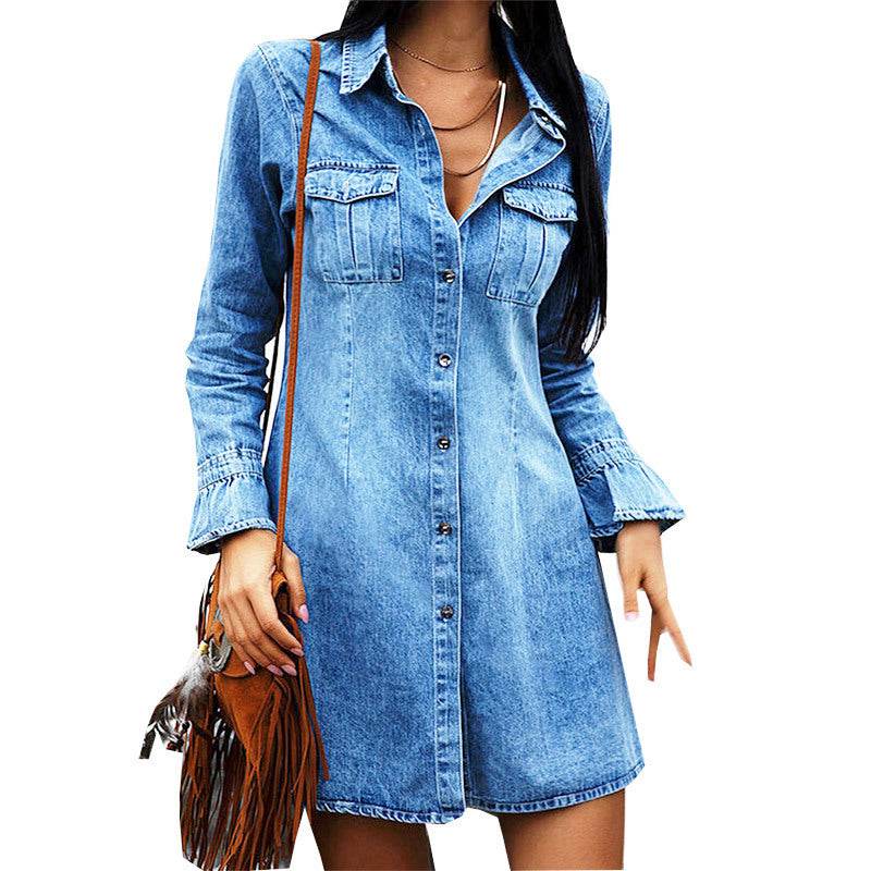 Long Sleeve Denim Button down Mini Dress Fashion Jeans Dress Women - Velora
