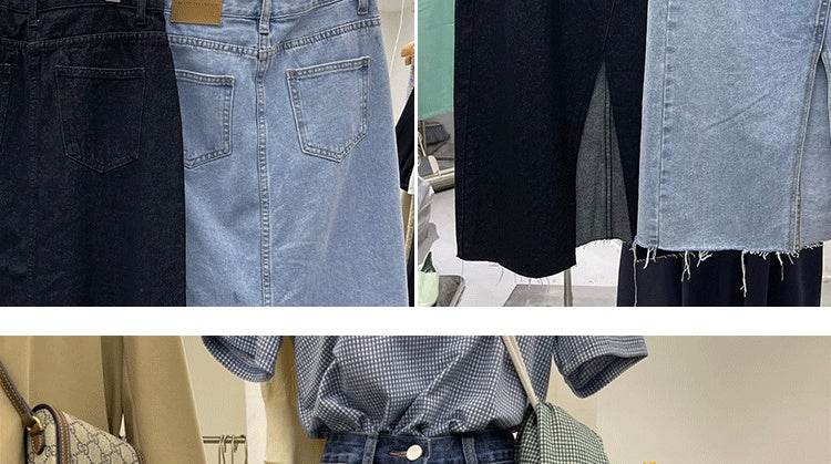 Casual Front Slit Dark Blue and Light Blue Denim Midi Skirt for women - Velora