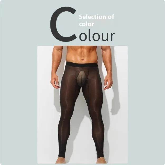 Men's Ultra thin Ice Silk Long John Skinny Flesh Nude Reflective Slim Leggings