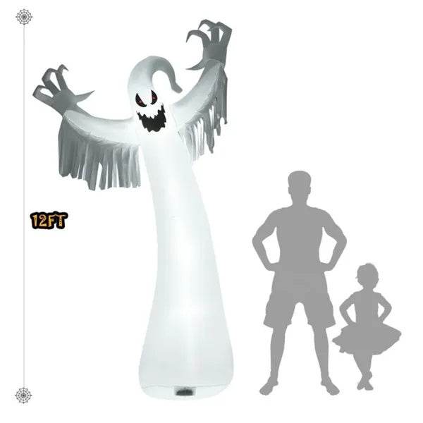Spooky Halloween Inflatable Ghost - 12 Ft Tall With LED Lights, Waterproof Fabric, Spikes Ropes For Stability, White - Velora