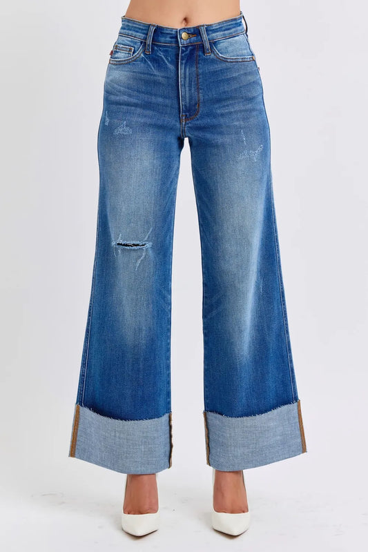 Judy Blue Full Size Distressed High Waist Wide Leg Jeans - Velora