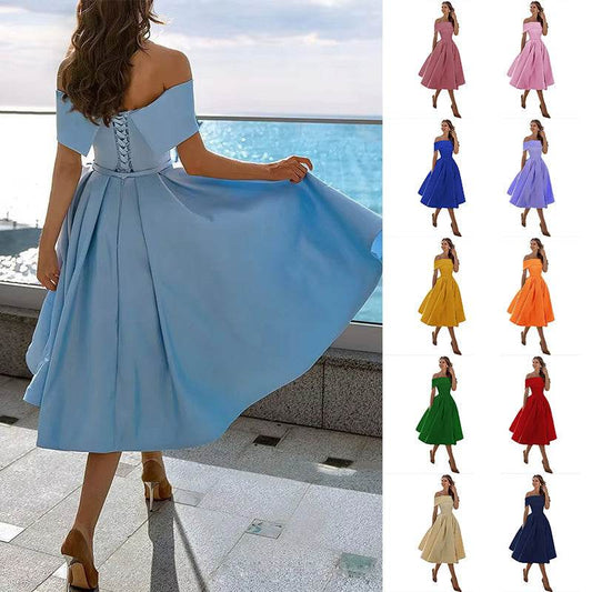Women's Fashion Casual Strapless Satin Party Dress Off The Shoulder Tea Length Satin Prom Dresses With Pockts Formal Evening Party Dress - Velora