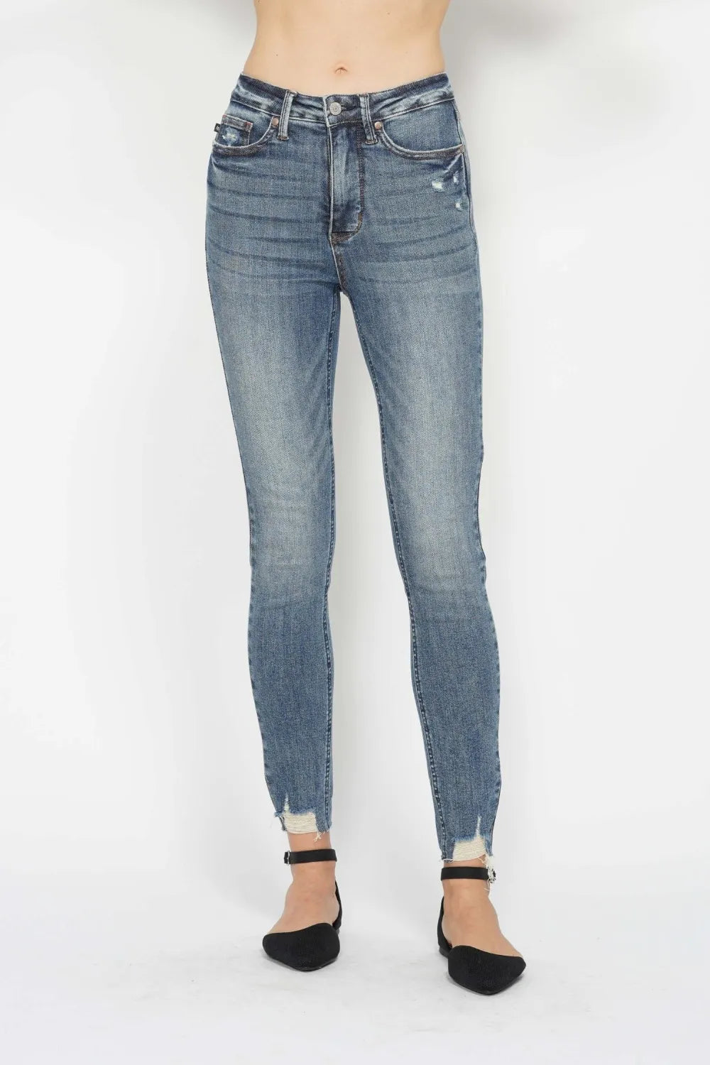 Judy Blue Full Size Tummy Control Vintage Wash Hem Destroy Skinny Jeans - Velora