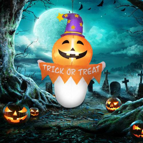 Outsunny 3.4ft Halloween Inflatables Window Sticker Ghost With Orange Face, Blow Up Halloween Decorations Outdoor LED Yard Display, Waterproof - Velora