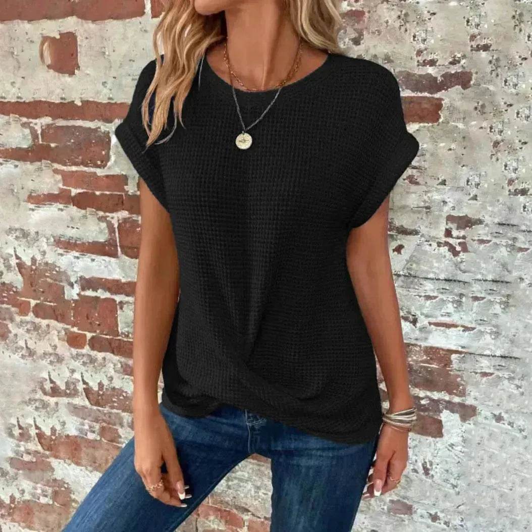 Casual Summer Short-sleeved Waffle blouse Top Summer New Solid Color Casual Evening Top For Women - Velora