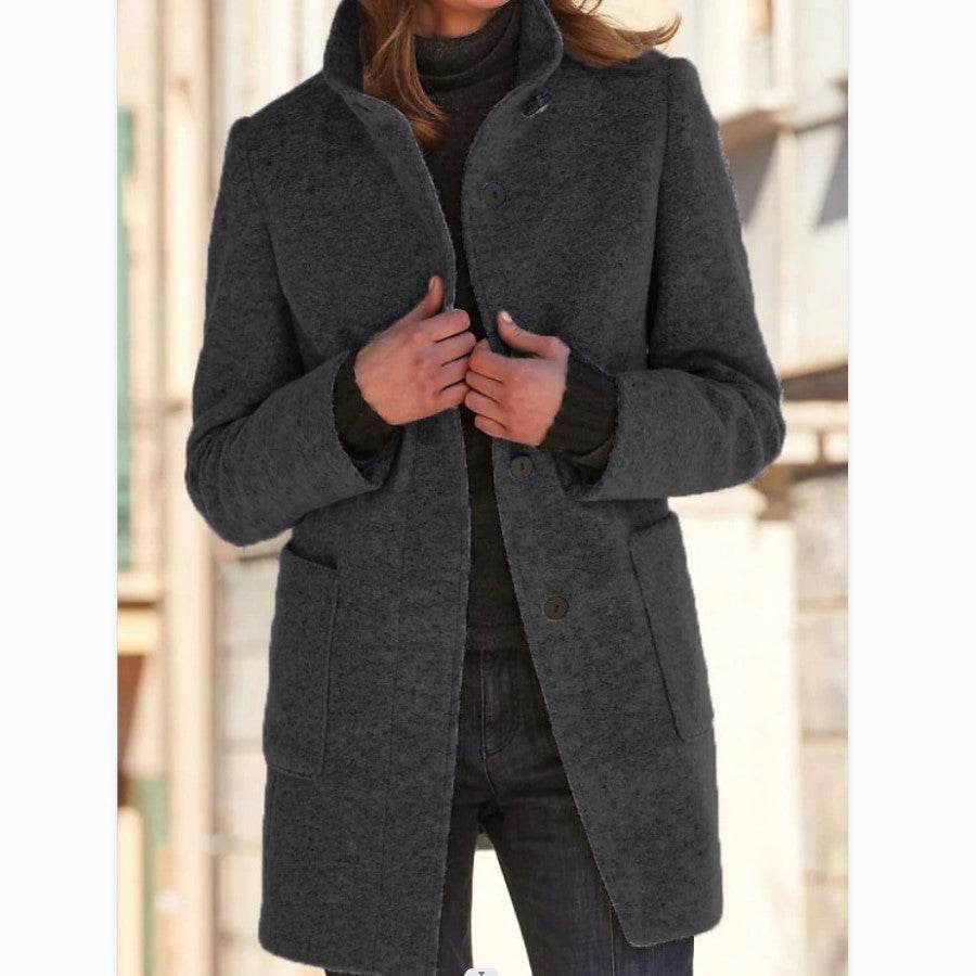 Fashion Stand Collar Woolen Coat With Pockets Fall Winter Casual Button Outwear For Women Clothing - Velora