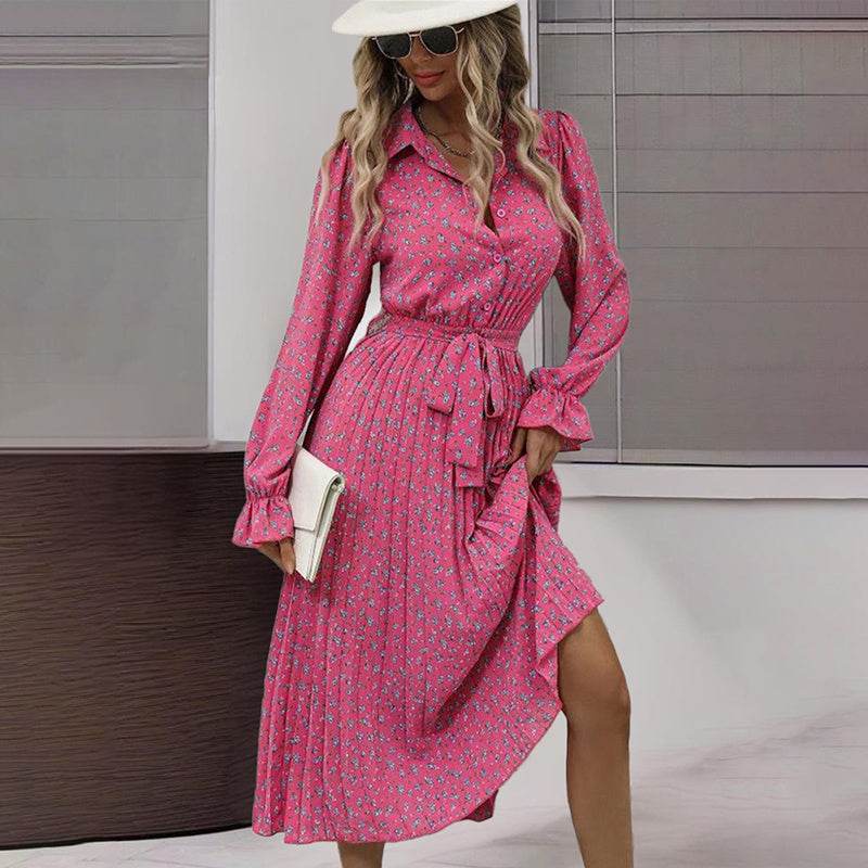 Women's Long Sleeve Midi Dress V Neck Button Down Belted A-Line Flowy - Velora