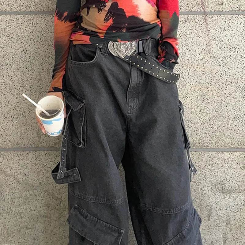 Ribbon Multi-pocket Workwear Baggy Jeans Pant For Women - Velora