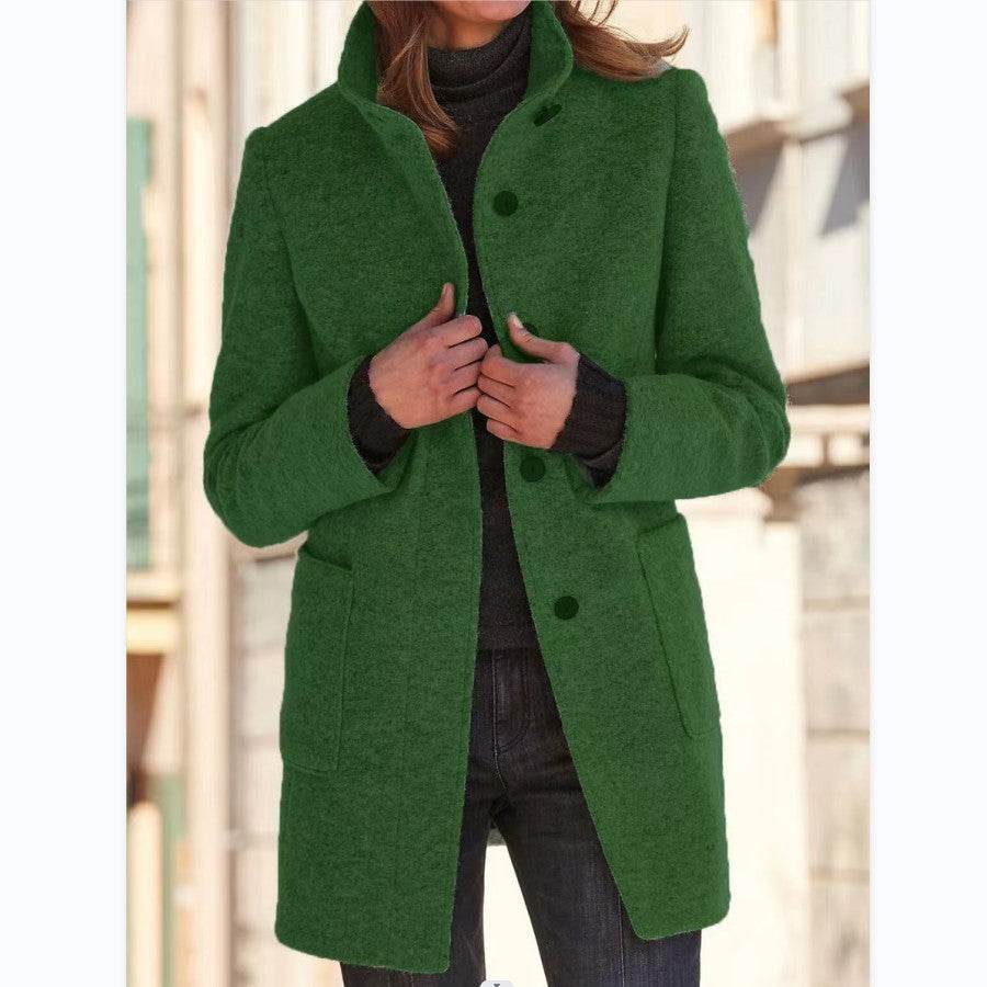 Fashion Stand Collar Woolen Coat With Pockets Fall Winter Casual Button Outwear For Women Clothing - Velora