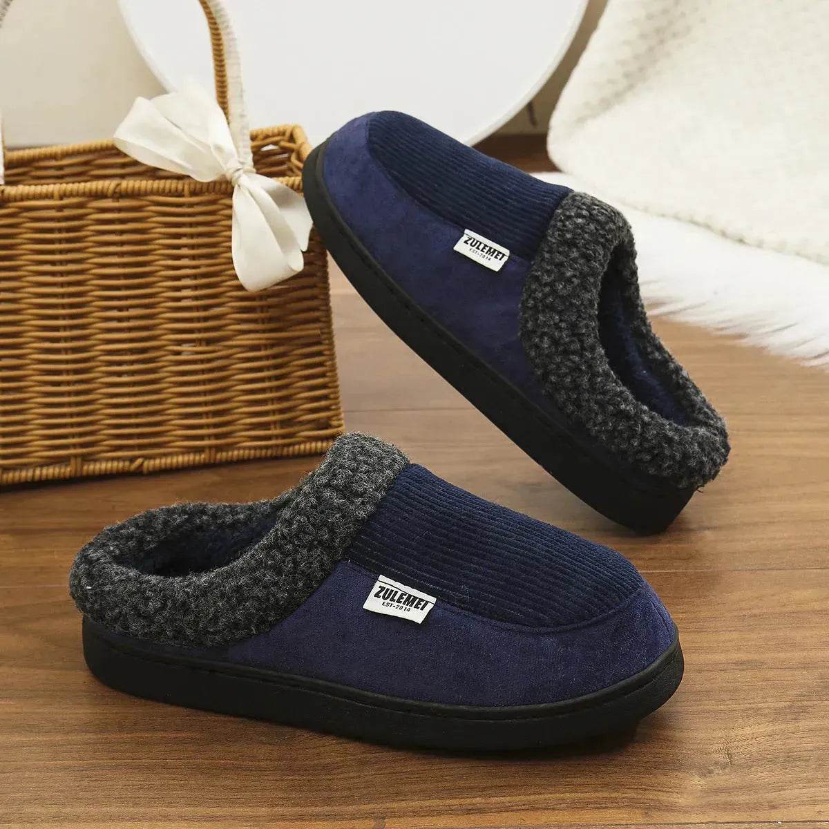 Fashion Solid Striped Cotton Slippers Winter Warm Indoor Bedroom Floor Slipper For Couples Non-slip Thick Sole House Shoes - Velora