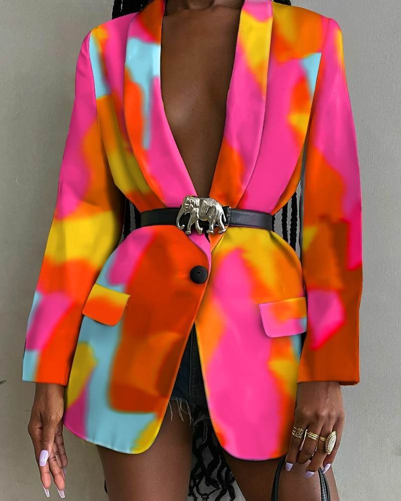 Fashion Printed Shawl Collar Single-breasted Belt Vintage Blazer Women - Velora
