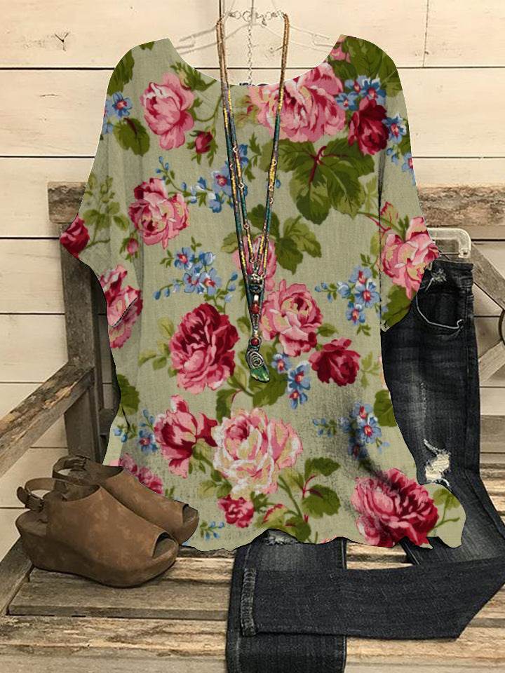 Summer Loose blouse Round Neck Short Sleeve Cotton And Linen Top For Women - Velora