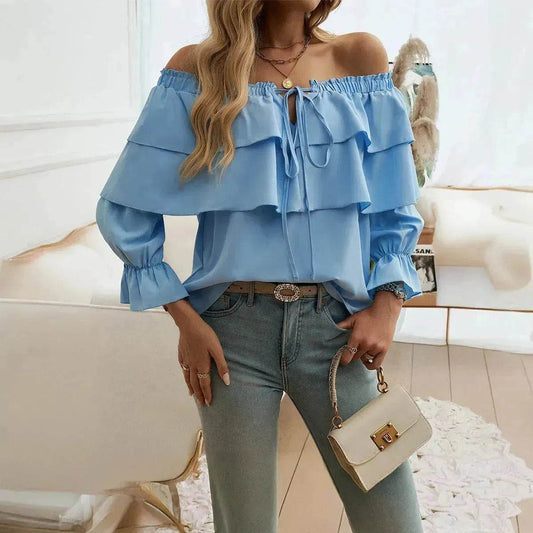 Stylish Casual Evening Top for Women Off-shoulder Bishop Long Sleeve Top - Velora