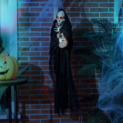 HOMCOM 4.3 Outdoor Halloween Decoration Animatronic Guitar-playing Grim Reaper, Sound And Motion Activated Animated Prop With Light Up Eyes Guitar Music - Velora