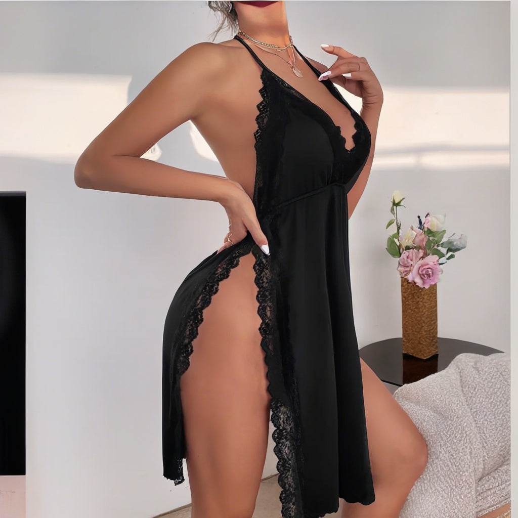 Black Lace Lingerie Set – Elegant Deep V-Neck Backless Slit Design - Velora