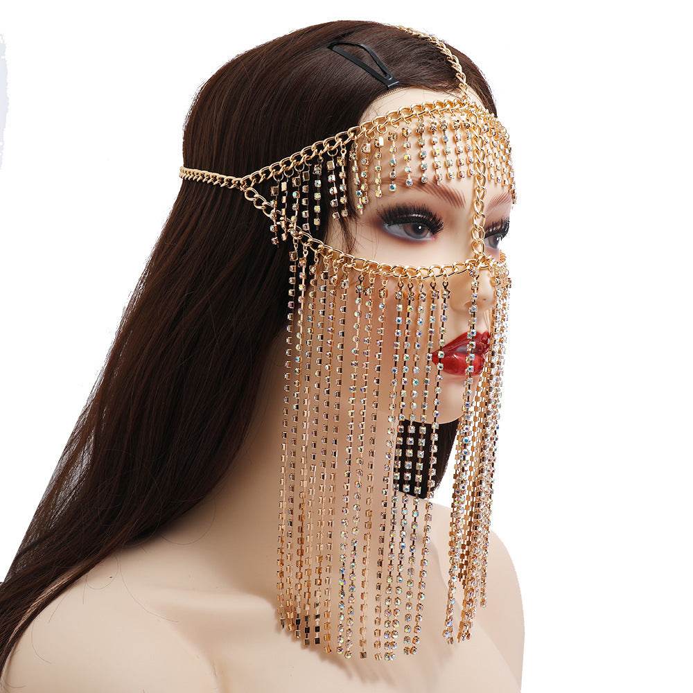 Punk Rhinestone Tassel Fringed Face Mask Head Chains - Velora