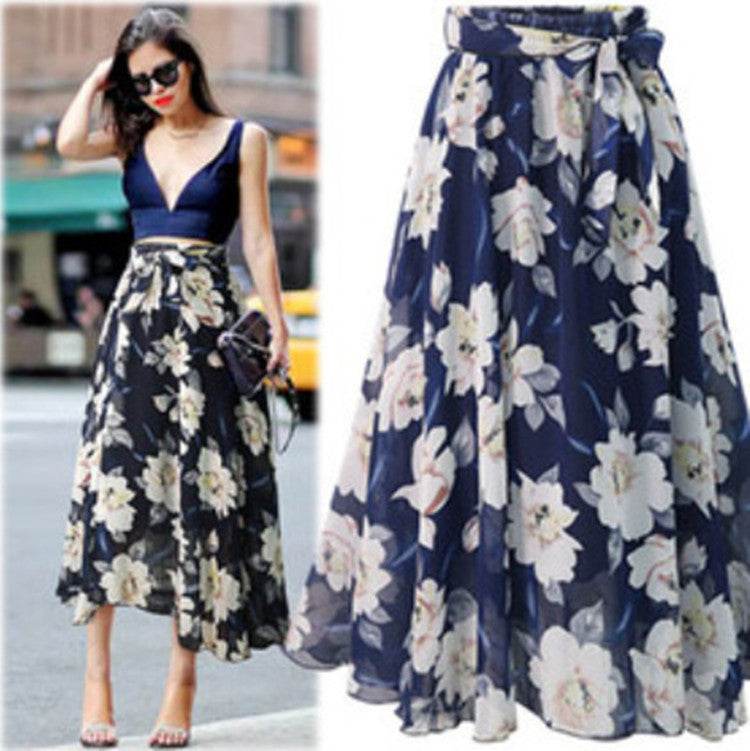 Women Formal Work Office High Waist Floral Midi Big Swing Chiffon Skirt - Velora