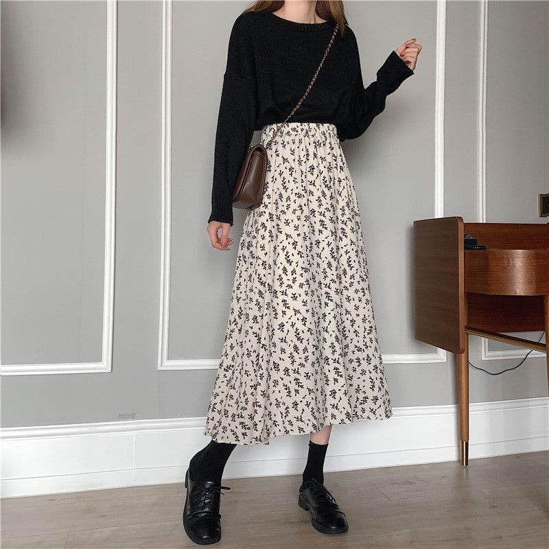 Casual Floral New Fresh High Waist Slimming Korean-style Midi A- Line Skirt - Velora