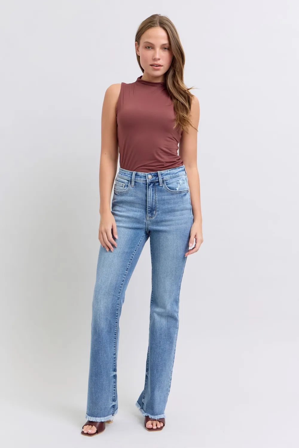 Judy Blue Full Size Raw Hem High Rise Bootcut Jeans - Velora