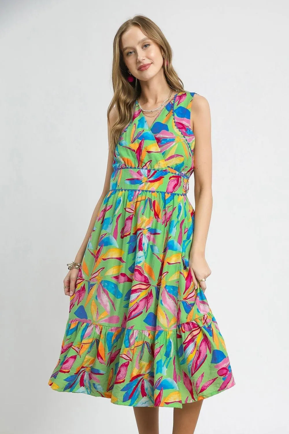 Umgee Ruffled Hem Printed Sleeveless Midi Dress - Velora