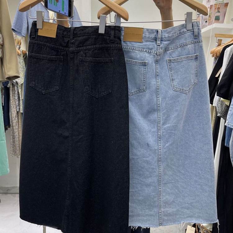 Casual Front Slit Dark Blue and Light Blue Denim Midi Skirt for women - Velora