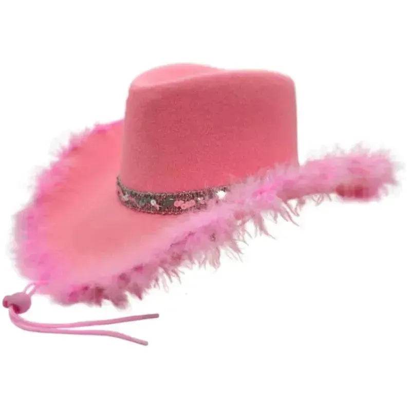 Trendy cowgirl hat Sequined Ribbon Upturned Eaves Raw Edge Denim Top Hat Pink Cowgirl Hat womens pink cowboy hat - Velora