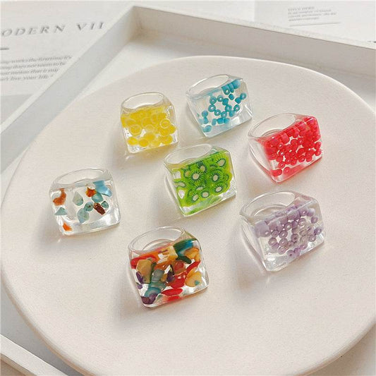 New Transparent Resin Ring Fruit Square Ring Acrylic Ring - Velora