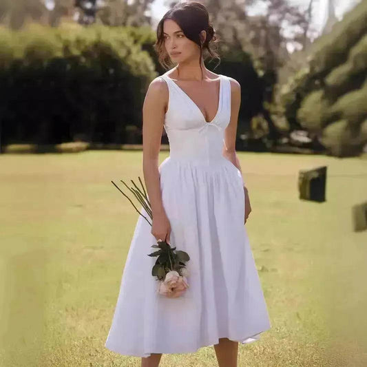 Women's Summer French Seaside Vacation Waist-tight Temperament Midi Skater Dress - Velora