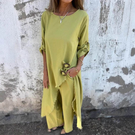 Loose Irregular Long Suit With Metal Button Design Round Neck Long-sleeved Top And Straight Trousers Fashion Wide-leg Pants Women's Clothing - Velora