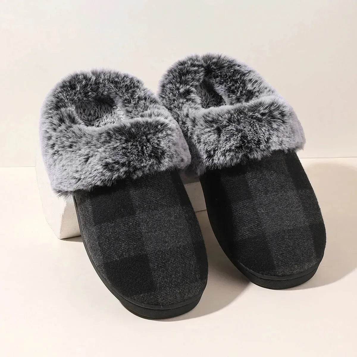 Winter Warm Plaid Plush Slippers Home Indoor Non-slip Bedroom Floor Soft Fuzzy Slipper For Couple Fashion Solid House Shoes - Velora